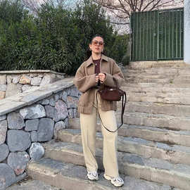 跨境欧美外贸女装2025秋冬季新款翻领长袖纯色羊羔毛呢夹克棉衣女