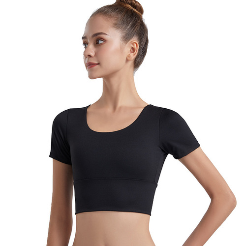 Internet celebrity's new female yoga wear, nude cross-beautiful back, navel-baring short-sleeved T-shirt, slim stretch sports fitness underwear