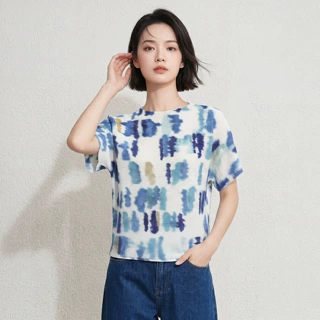 夏日清爽配色三宅风压褶小众设计感蓝白扎染褶皱T恤通勤百搭上衣