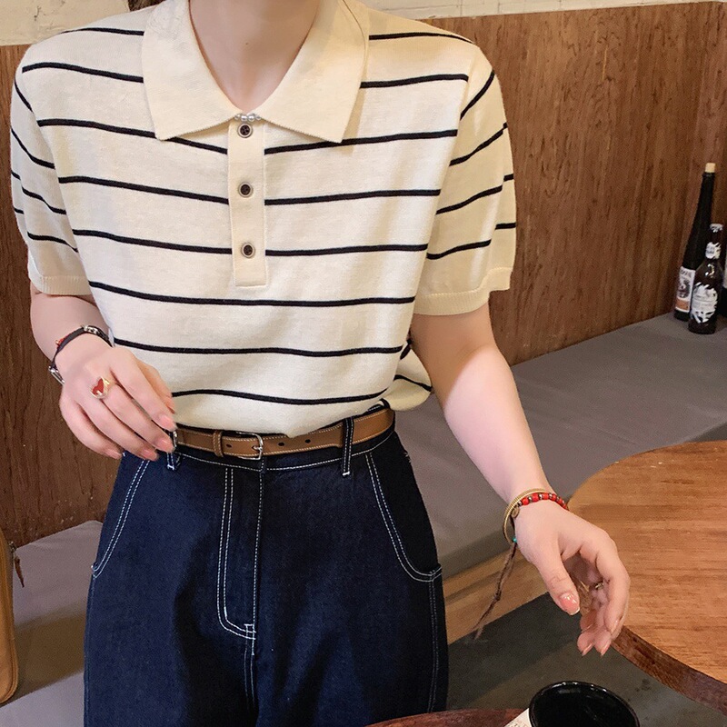 Striped Knitwear for Women 2026 Summer New Style Slim and Exquisite Polo Collar Refreshing and Breathable Knitted Short-Sleeved Top for Women