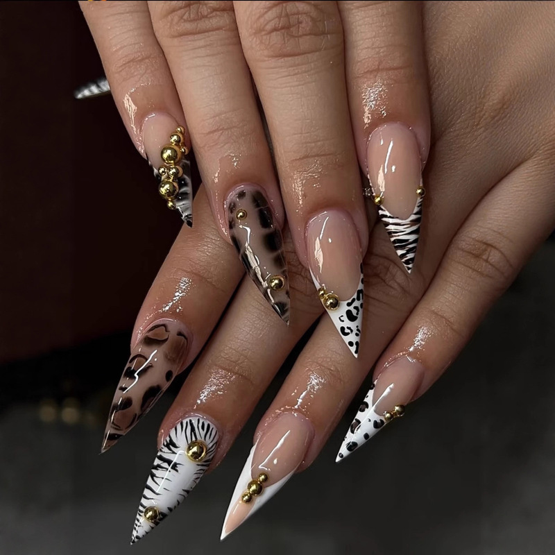 Trendy Mixed-Style Long Pointed Nail Tips with European and American French-Style Leopard Print and Gold Steel Bead Decoration Nail Pieces Wholesale