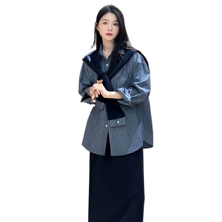 大码胖MM轻奢韩系简约春秋季时尚显瘦套装女披肩衬衫半身裙三件套|undefined