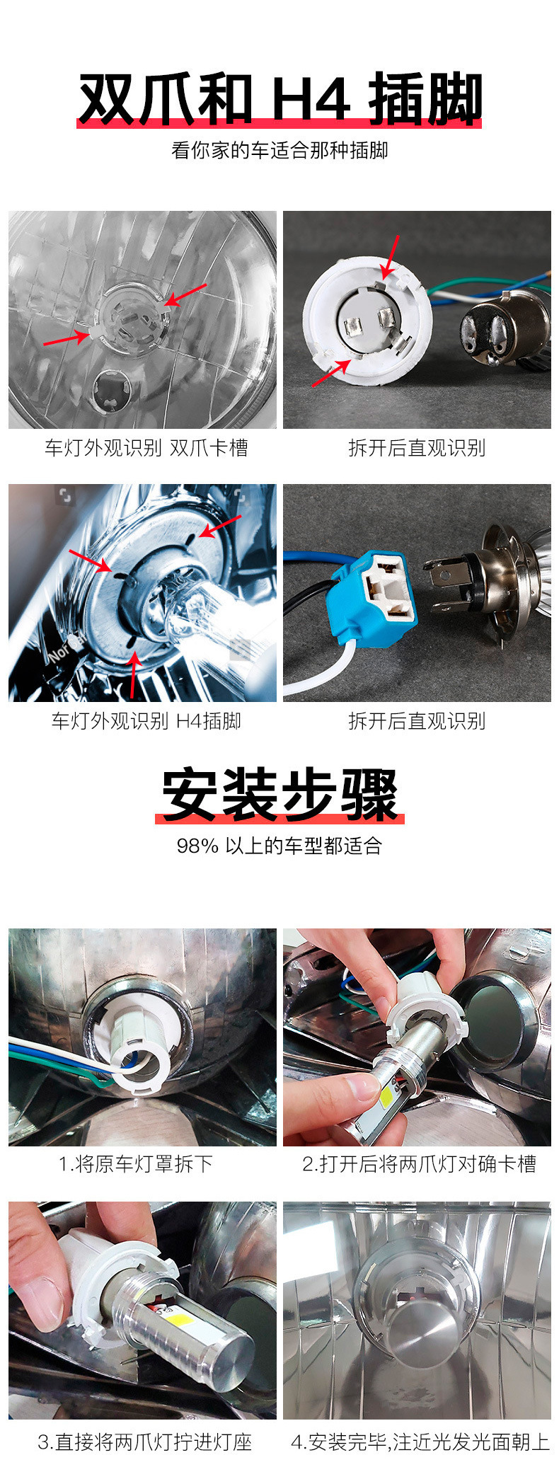 Cross-Border Motorcycle Headlight H4 Three-Claw H6 High and Low Beam Integrated Modified Fishbone Double-Sided 6-Bead Spotlight Bulb Strong Light