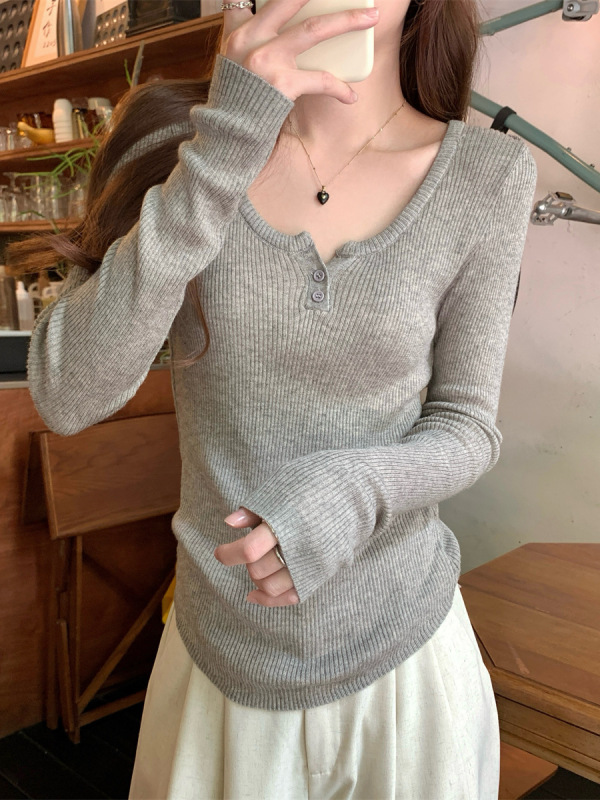 韩版修身圆领纽扣设计长袖针织衫女秋季2025新款纯色毛衣打底上衣|undefined