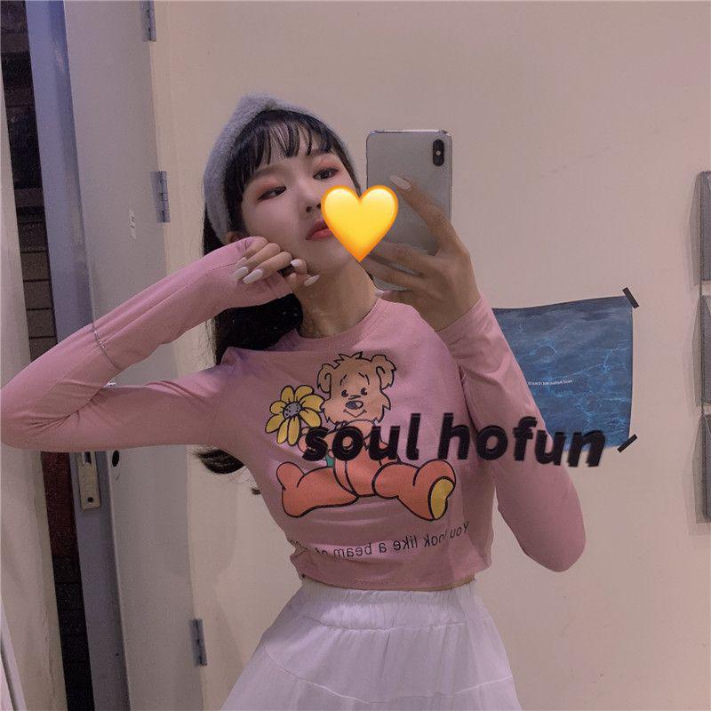 Pink Fresh and Cute Clothing for Female Students, High-Waisted Cropped Long-Sleeve T-Shirt, Spring and Autumn Printed Tight-Fitting Top Pink Fresh and Cute Clothing for Female Students, High-Waisted Cropped Long-Sleeve T-Shirt, Spring and Autumn Printed Tight-Fitting Top
