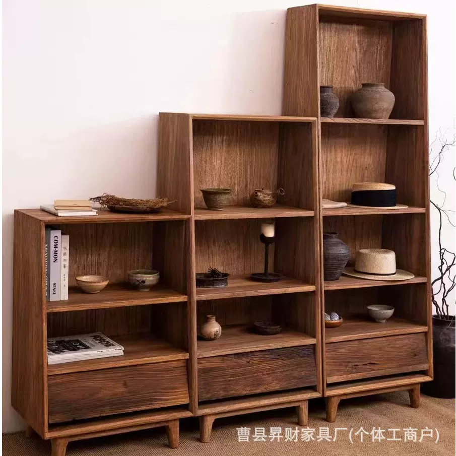 诧寂风复古边柜老榆木风化玄关展示柜实木中古收纳柜客厅书柜定金