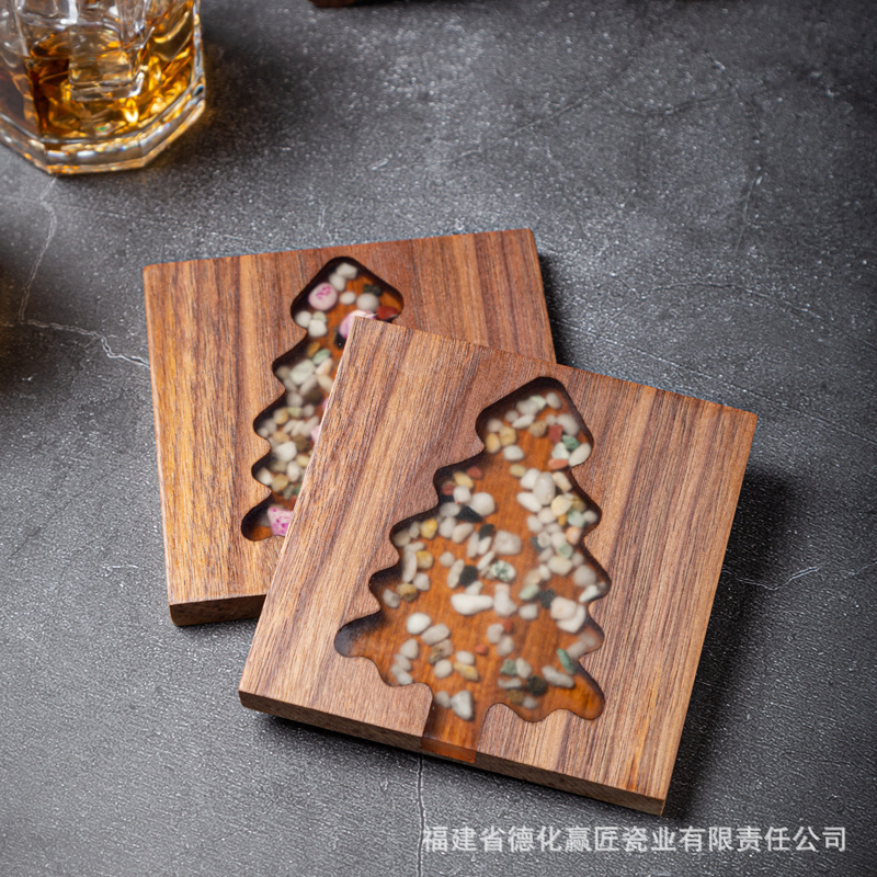 Resina transfronteriza almohadilla de taza de río piedra árbol de Navidad madera sólida empalme epoxi simple transparente almohadilla de taza de té cuadrada