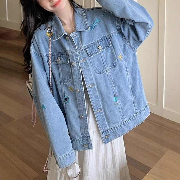 Áo khoác denim nữ thêu họa tiết, dáng suông, tay dài, cổ polo — màu xanh (chất lượng cao)