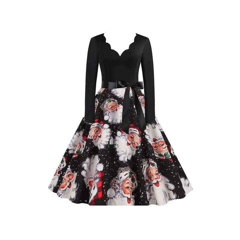 Christmas Snowflake Print Dress with Wavy V-Neck, Long Sleeves, Tie-Waist, Flared Hem, Holiday Party Midi Dress