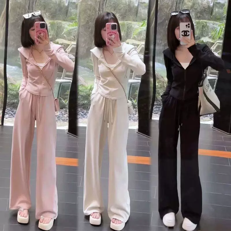 小个子港风休闲运动套装女春季洋气显瘦连帽上衣高腰阔腿裤两件套
