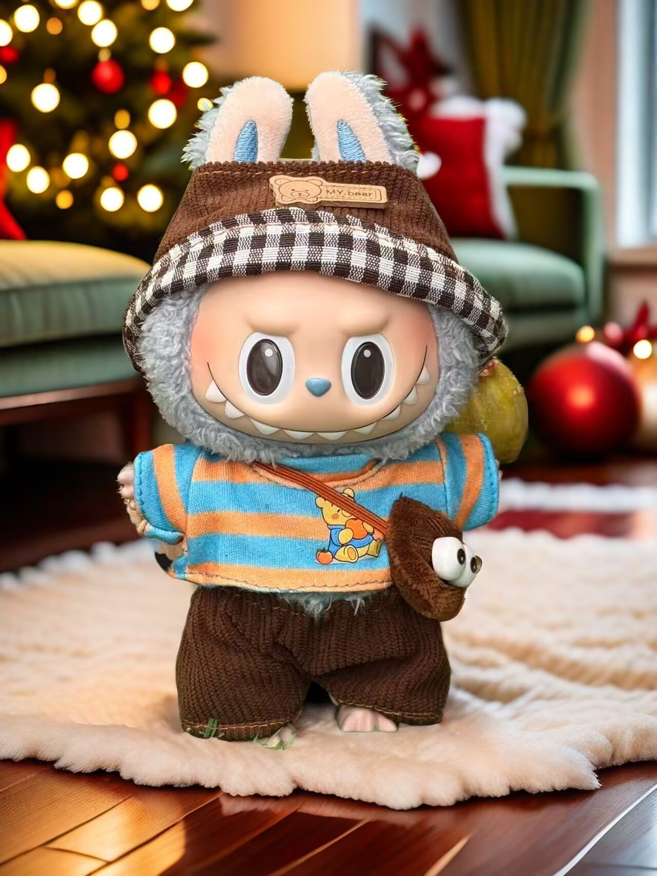 Nuevo conjunto de ropa y gorro de peluche con cara de "Sugar Glue" para muñecas, colgante de peluche, juguete Labuba, amuleto para bolso.