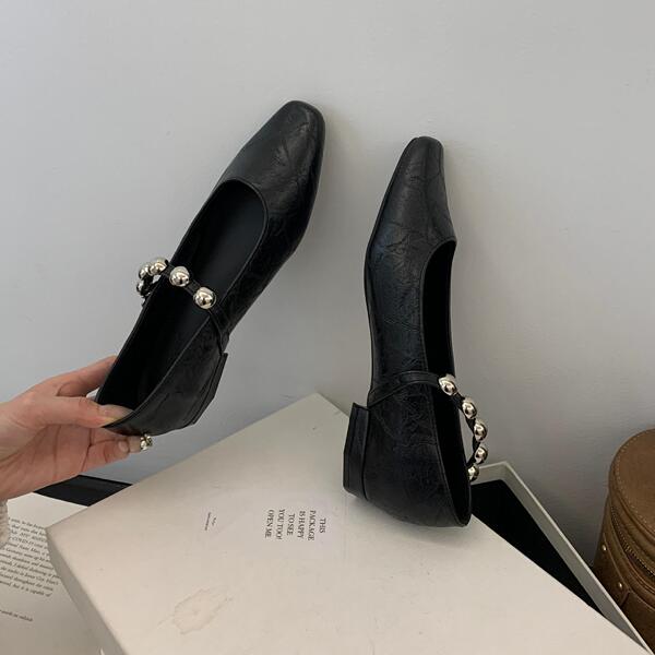 Exclusive autumn retro Mary Jane shoes square toe with rhinestones…