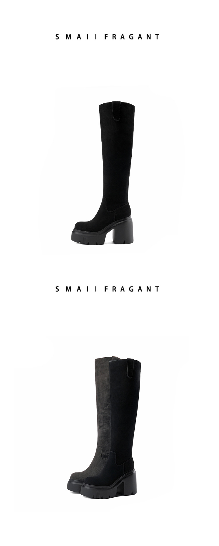 Boot nữ cổ cao ôm bắp chân chất liệu da lộn, gót 12 cm, phong cách kỵ sĩ — Lót nhung đen chi tiết 8