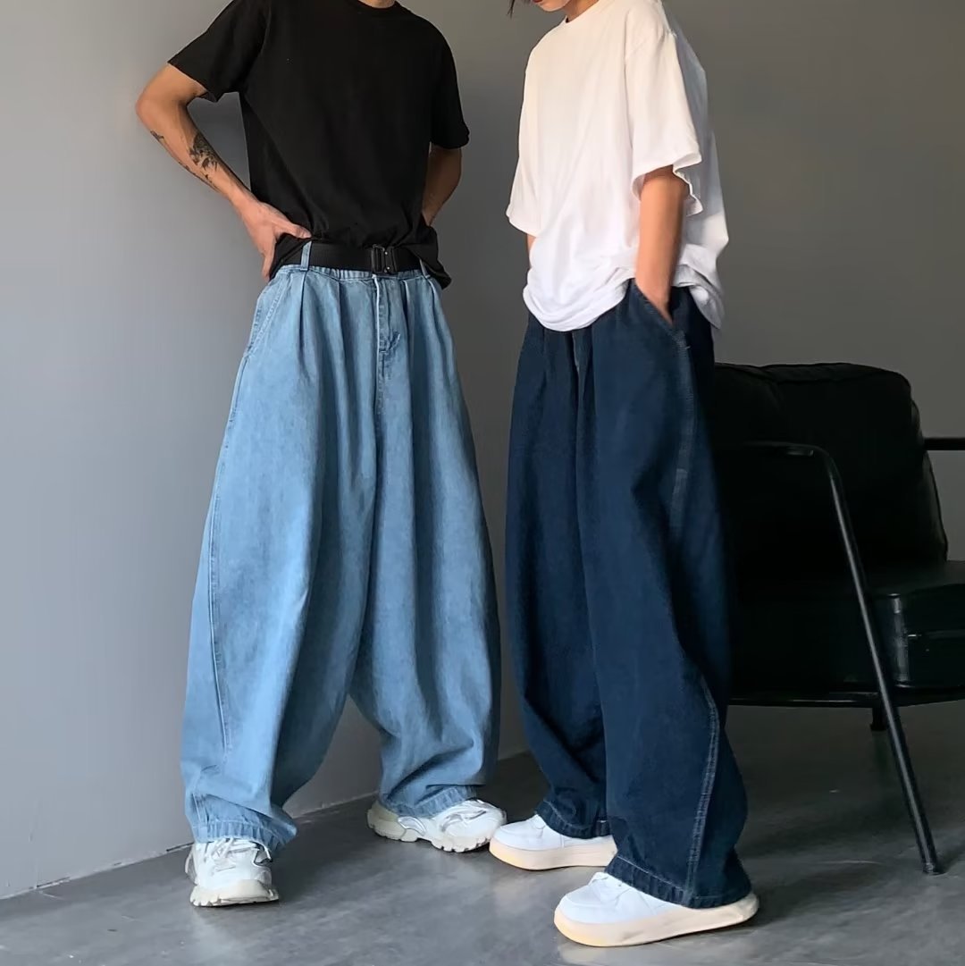 Japonés retro más tamaño oversize jeans hombres marca de moda primavera y otoño suelto todo partido casual pierna ancha papá Pantalones
