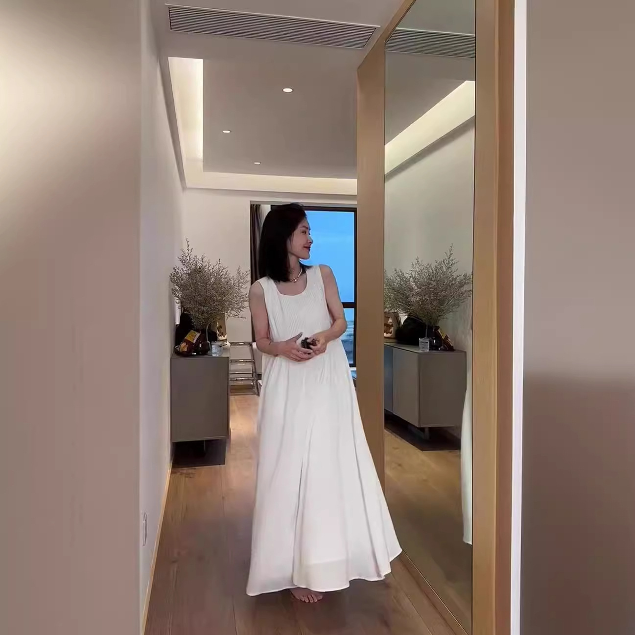 Váy liền không tay dài phong cách Hepburn Pháp, dáng suông thắt eo, phù hợp nữ mùa hè — Màu đen, Màu trắng