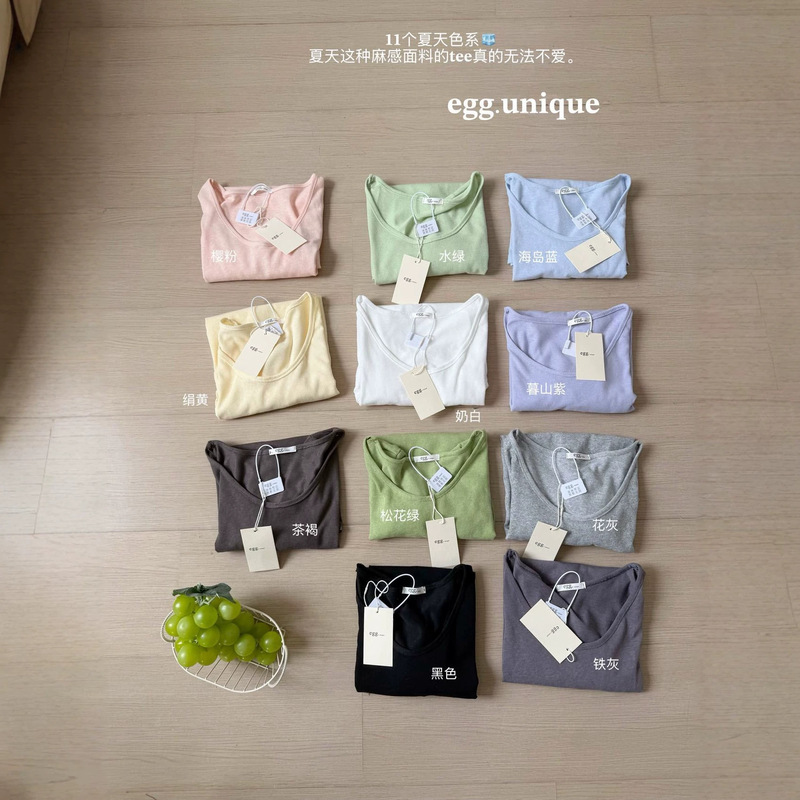 Egg.Unique Hemp-Feel Sheer V-Neck T-Shirt Hemp-Feel Cotton Solid Color Women's T-Shirt Summer Short-Sleeved Versatile Casual Top Egg.Unique Hemp-Feel Sheer V-Neck T-Shirt Hemp-Feel Cotton Solid Color Women's T-Shirt Summer Short-Sleeved Versatile Casual Top