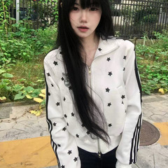 美式复古满印星星立领开衫卫衣女秋季织带条纹烫钻小个子短款外套