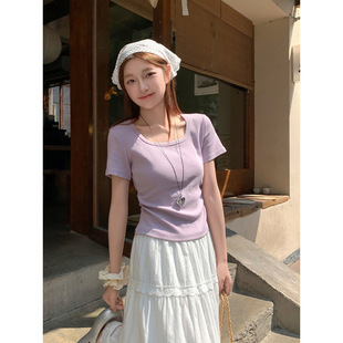 Purple Square Neck Short-Sleeved T-Shirt Women's Summer 2025 New Hot Style Right Shoulder Slimming Look Design Top