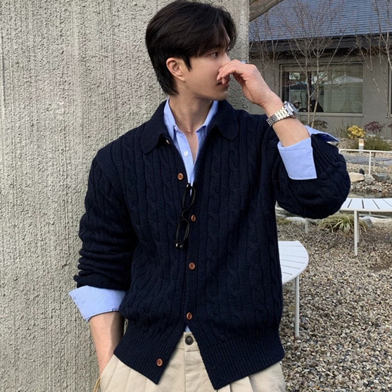 Thick Hemp Flower Knitted Cardigan Men's 2025 Early Spring Thick Outwear Korean Style Retro Lazy Sweater Casual Lapel Sweater