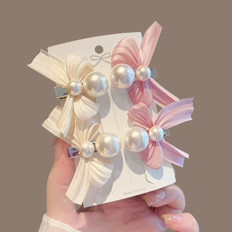 Милая заколочка для волос с бантом, жемчужная челка, детские зажимы для волос, аксессуар для волос
