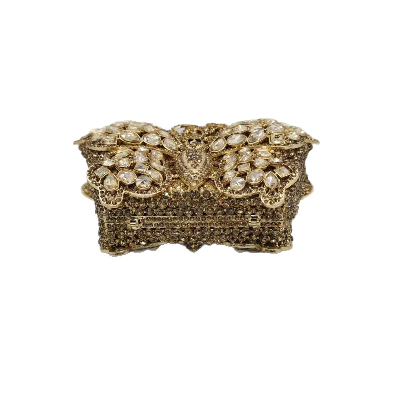 Lujo de industria pesada brillante diamante mariposa cristal aleación celebridad full diamond mano bolsa de cena oro duro champán plata