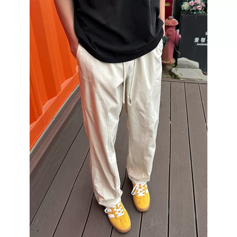 美式基础斜切百搭休闲裤男春夏显瘦显高潮流宽松直筒工装微喇长裤