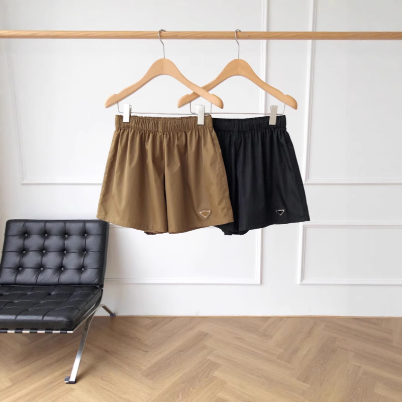25Ss Summer New Product P Family Classic Triangle Logo Drawstring Elastic Waist Versatile Slimming Look Wide Leg Casual Shorts for Women