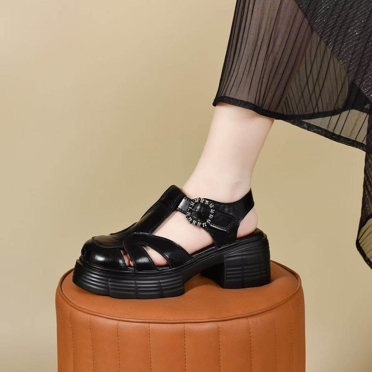 Sandal nữ da thật mũi trùm La Mã gót thô đế dày — màu be chi tiết 5