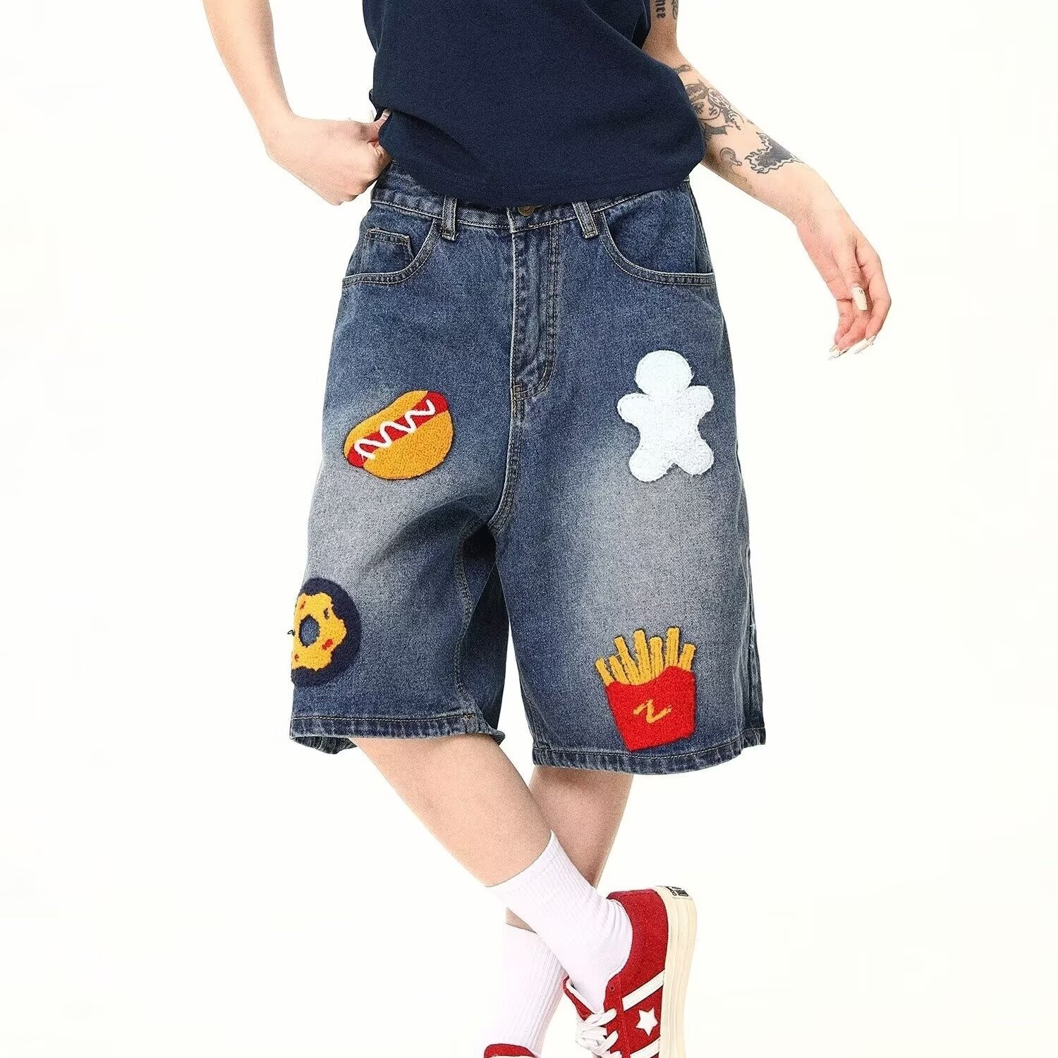 Summer American Trendy Brand Creative Design Towel Embroidered Denim Mid-Pants Men's Loose High Street Wide-Leg Mid-Pants
