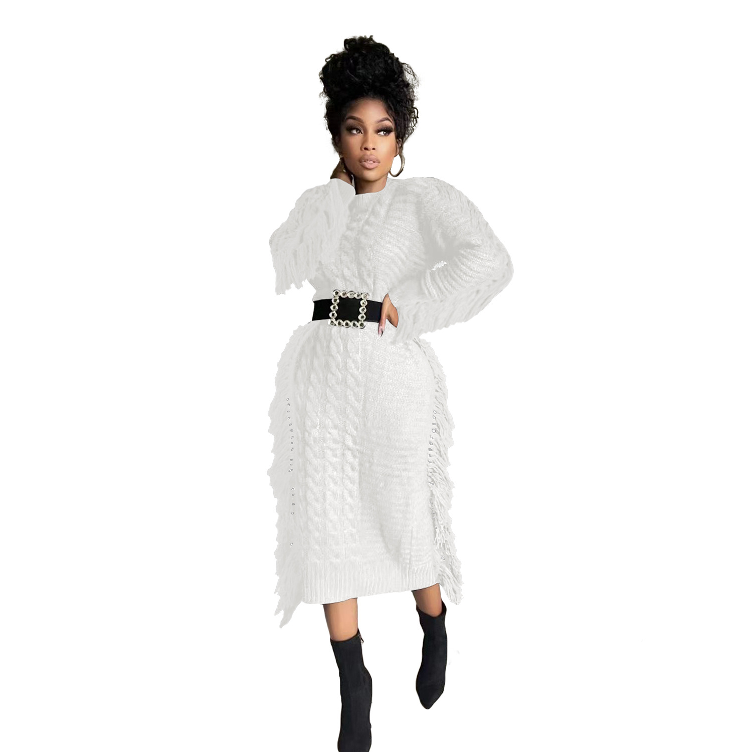 Robe pull femme avec franges longues en maille pour l'hiver_voghion.com
