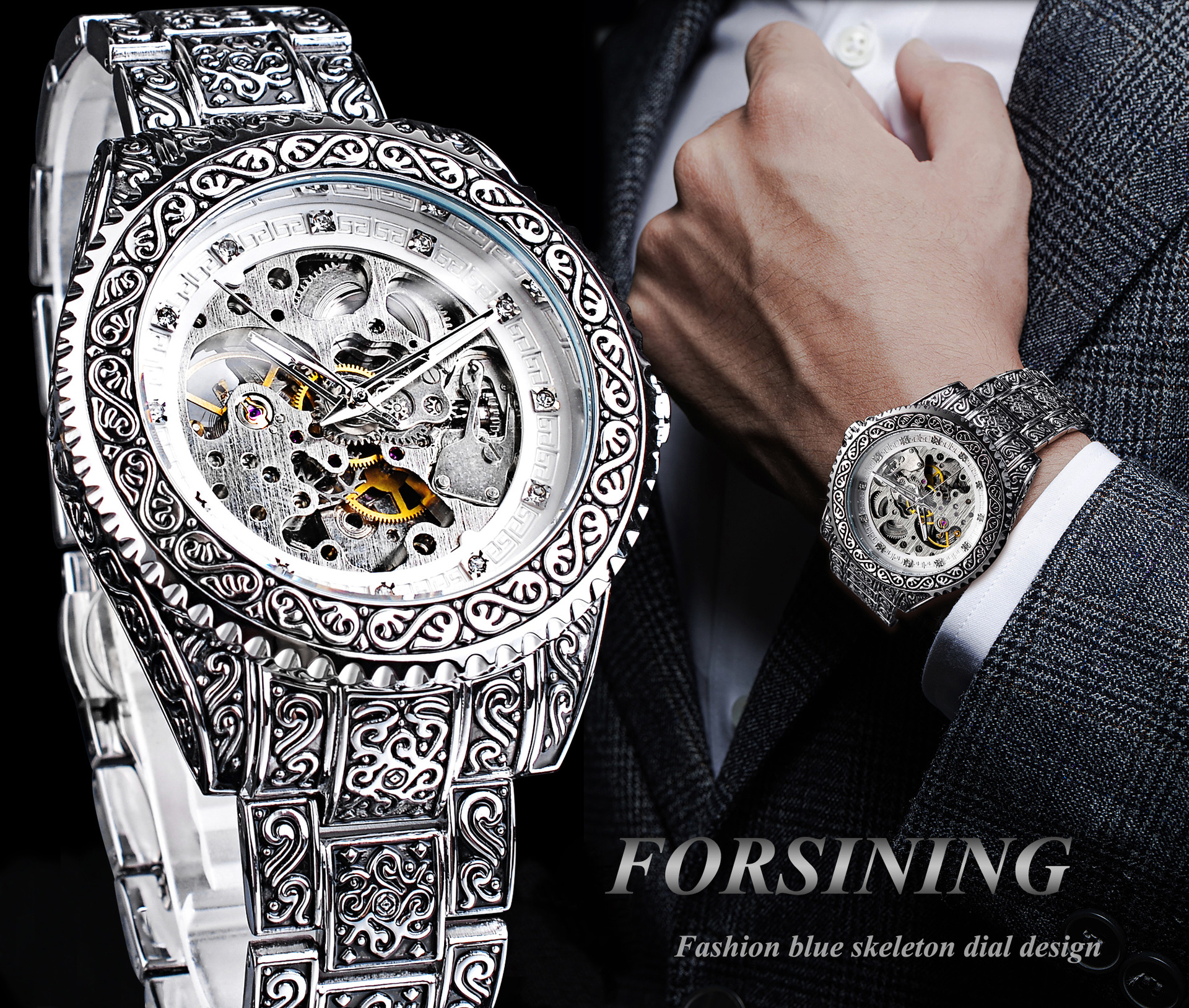 Orologio automatico da uomo scheletrato dorato impermeabile_voghion.com