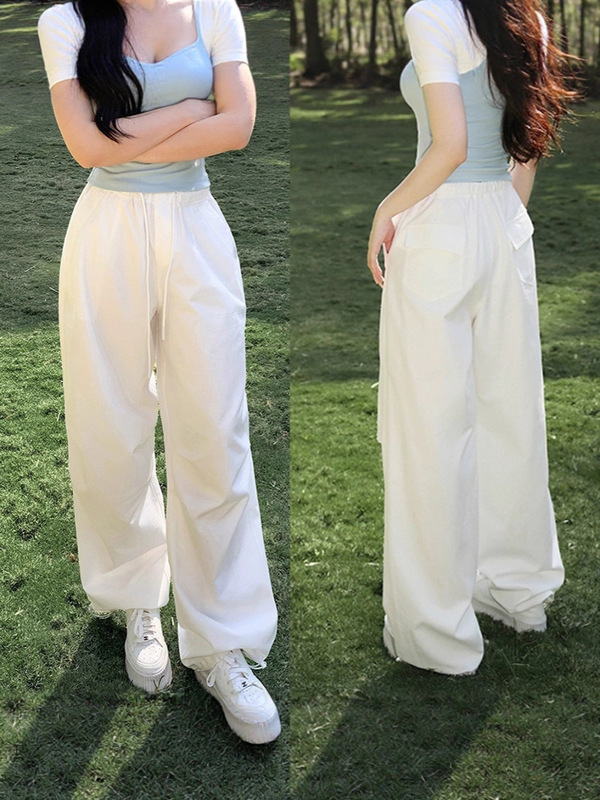 梅子熟了莱赛尔棉清爽白色系工装裤女美式复古伞兵裤直筒束脚卫裤|undefined
