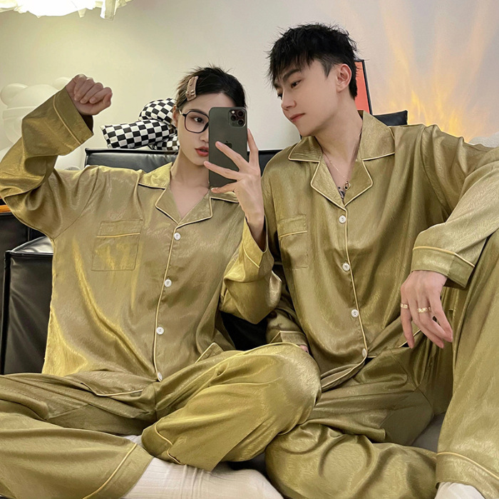 Pareja pijamas de mujer primavera y otoño seda de hielo manga larga hombres delgados Jacquard más tamaño traje de desgaste de seda real