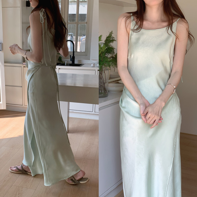2025 Summer French Niche Micro-Pleated Waist Strap Sleeveless Suspender Skirt Pure Color Long Satin Dress 3 Colors