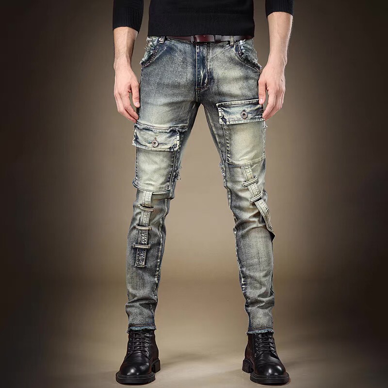 Stretch Jeans Men's Trendy Slim-Fit Slimming Nostalgic Skinny Pants with Ripped Holes Stitching Pleated Mecha Men's Pants