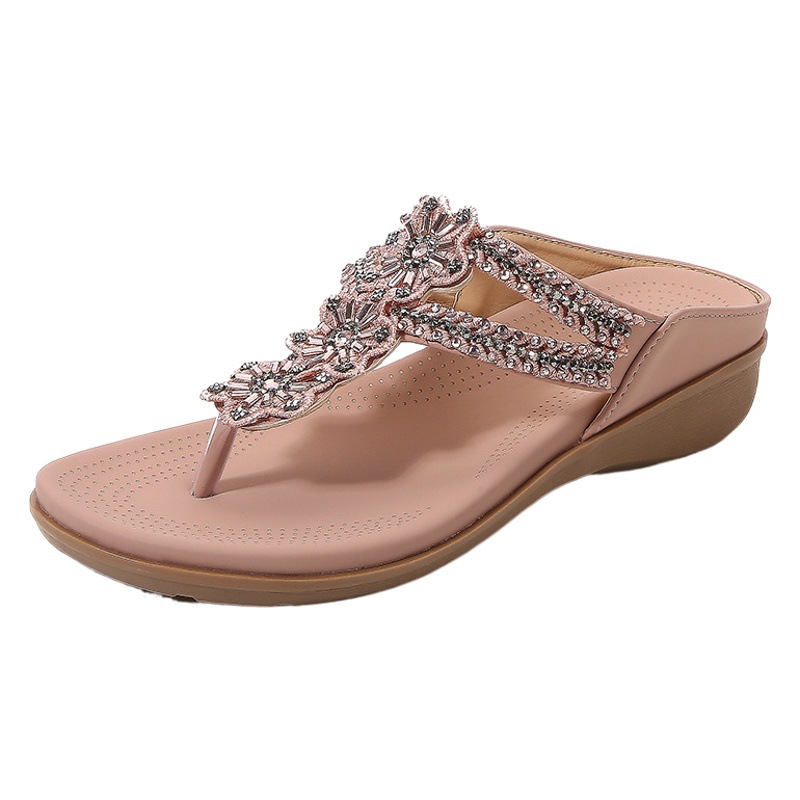 Sandalias Planas con Flores y Pedrería para Mujer Talla Grande, PU y Caucho, Transpirables, para Verano image 1