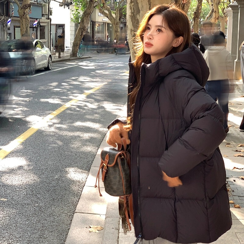 云朵泡芙羽绒棉服女中长款2025新款加厚连帽小个子棉袄面包服外套|undefined