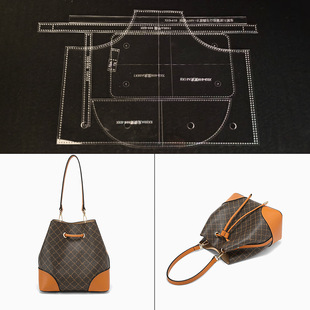 Handmade Leather diy Bucket Bag Acrylic Drawing Leather Art Leather Shoulder Crossbody Bag Made of Paper Plaid