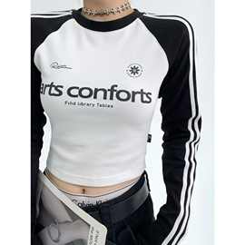 三条装饰插肩袖撞色休闲修身短款上衣美式街头运动休闲长袖女