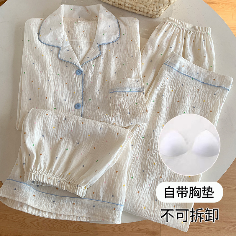 高颜值可外穿带胸垫睡衣女夏季短袖短裤三件套卡通纯棉纱布家居服|undefined