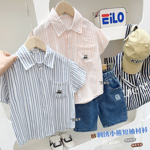 Boys' shirts summer baby boy short-sleeved shirts thin 2024 new children's summer clothes Korean style striped tops trendy