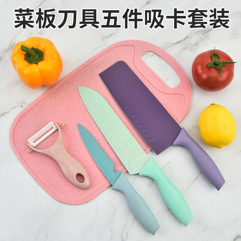 Fábrica directa de color de cinco piezas succión conjunto de tarjetas azul combinación de cuchillo de regalo con cuchillo de cocina conjunto de herramientas