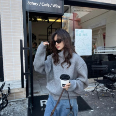 韩系慵懒宽松高级感灰色翻领套头毛衣女秋2025新款秋季针织衫上衣