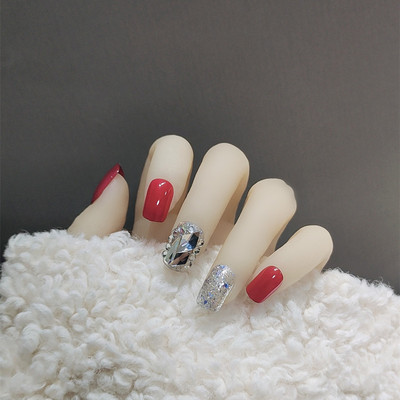 B251红钻闪闪中长款晶石红闪钻亮片穿戴甲网红美甲甲片成品假指甲
