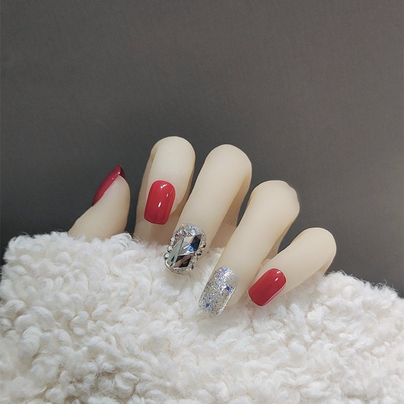 B251红钻闪闪中长款晶石红闪钻亮片穿戴甲网红美甲甲片成品假指甲