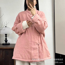 冬季新品纯亚麻立领斜襟加厚棉服女装盘扣中长款宽松夹棉外搭