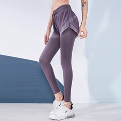 春夏款帶口袋瑜伽褲女外穿假兩件高腰提臀褲健身運動緊身蜜桃臀褲