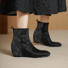 2025秋冬新款英伦风真皮法式复古短筒方头内增高坡跟短靴女时装靴