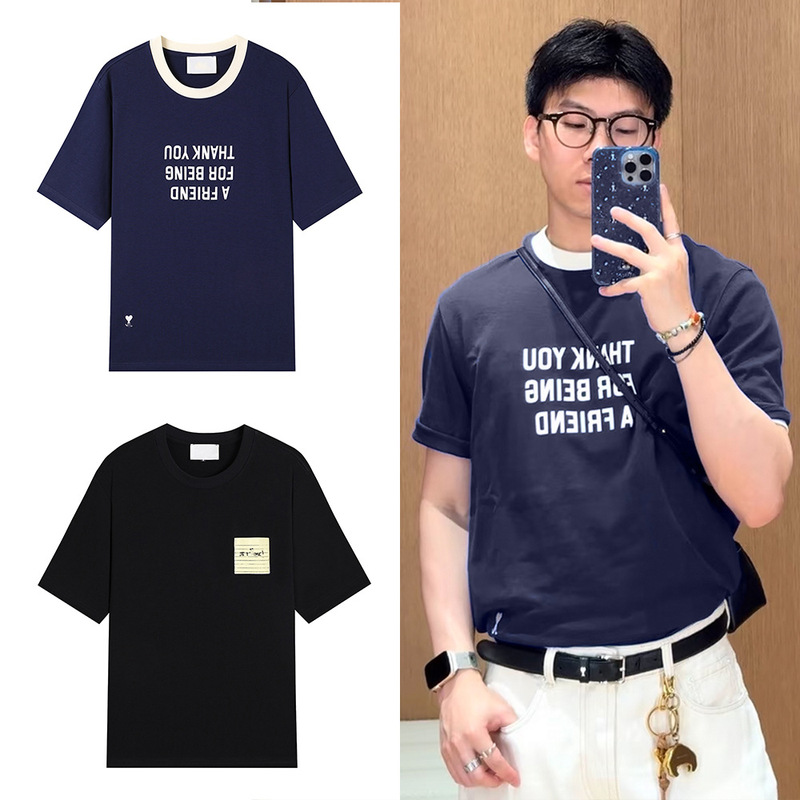 Ami's new summer collection features a simple letter print and embroidered heart design on a cotton base shirt, unisex and trendy, with a round neck T-shirt style