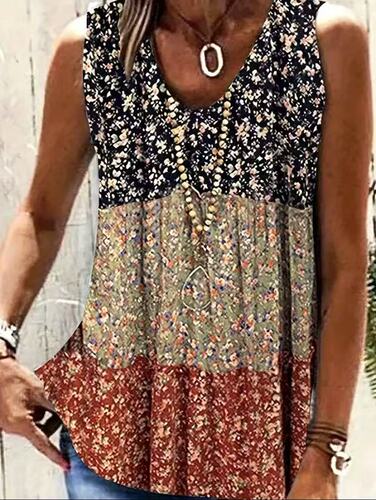 2025 European and American Amazon Independent Station AliExpress Cross-border Summer New Sleeveless Print Loose Contrast Color T-shirt for Women